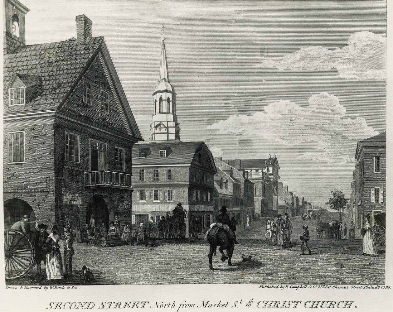 Second Street North vanaf Market Street en Christ Church, Philadelphia, tekening door William Russell Birch (1755-1834), gedrukt door R Campbell, Verenigde Staten van Amerika door William Russell Birch
