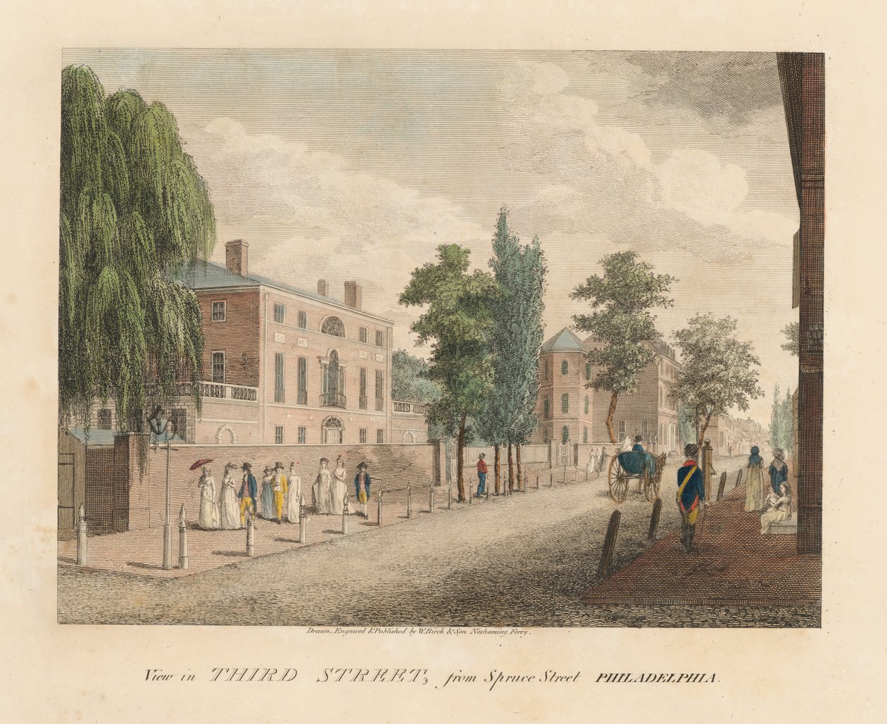 Gezicht op Third Street vanaf Spruce Street door William Russell Birch