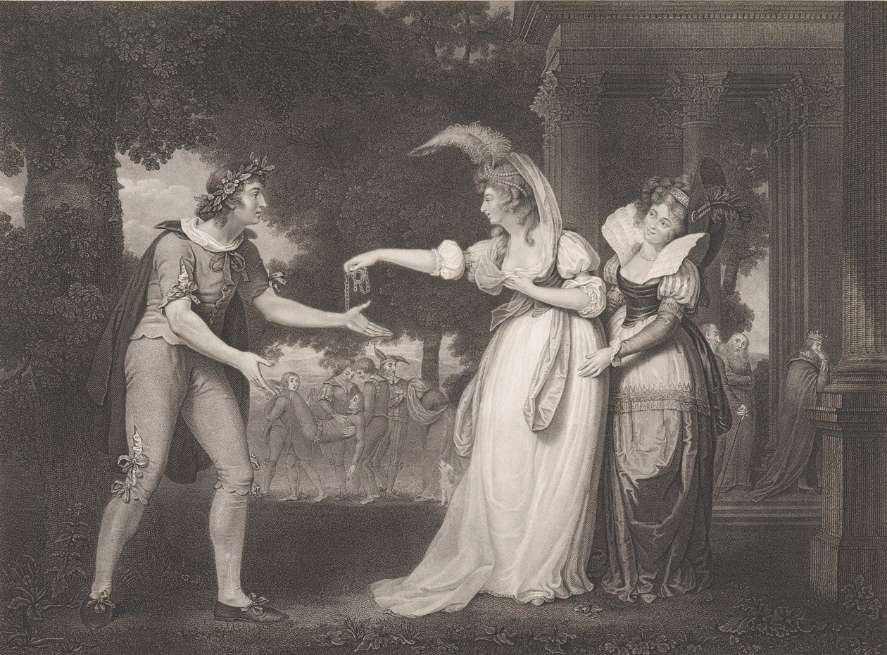 Voor het Paleis van de Hertog-Rosalind, Celia, Orlando, de Hertog, eerst gepubliceerd 1800, heruitgegeven 1852 door William Satchwell Leney