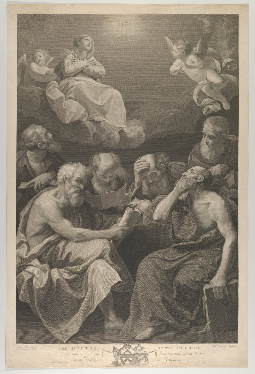 De dokters van de kerk raadplegen boeken en documenten en overwegen de Maagd, 1785 door William Sharp