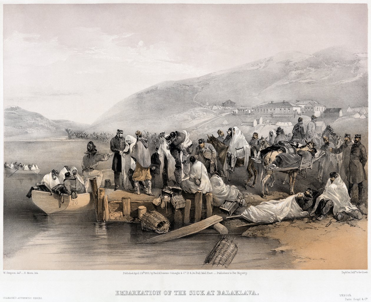 De inscheping van de zieken in Balaklava, 1855 door William Crimea Simpson