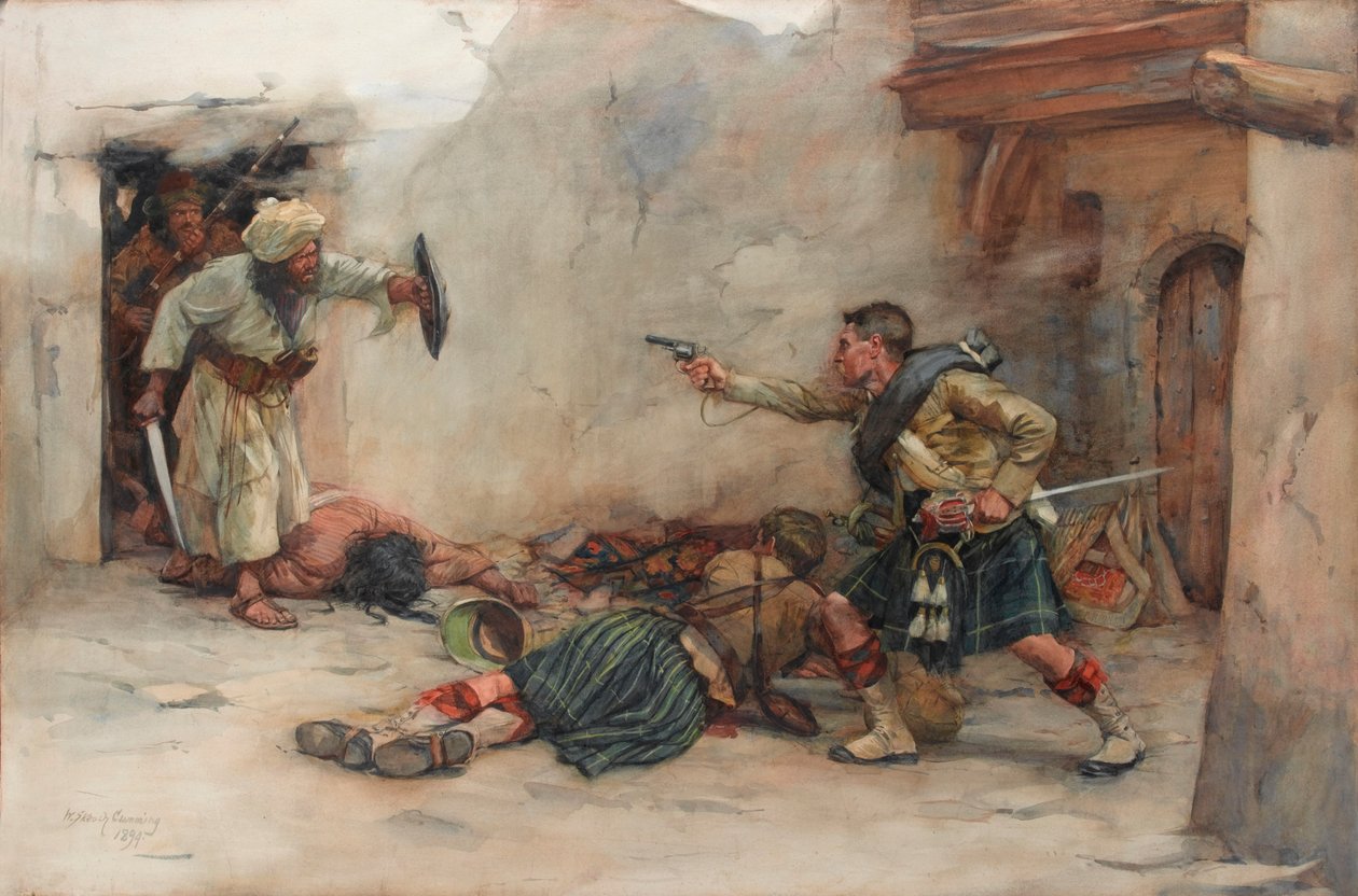 Tamboer James Roddick van de 92e Gordon Highlanders, verdedigt luitenant Menzies tijdens handgemeen in Kandahar door William Skeoch Cumming