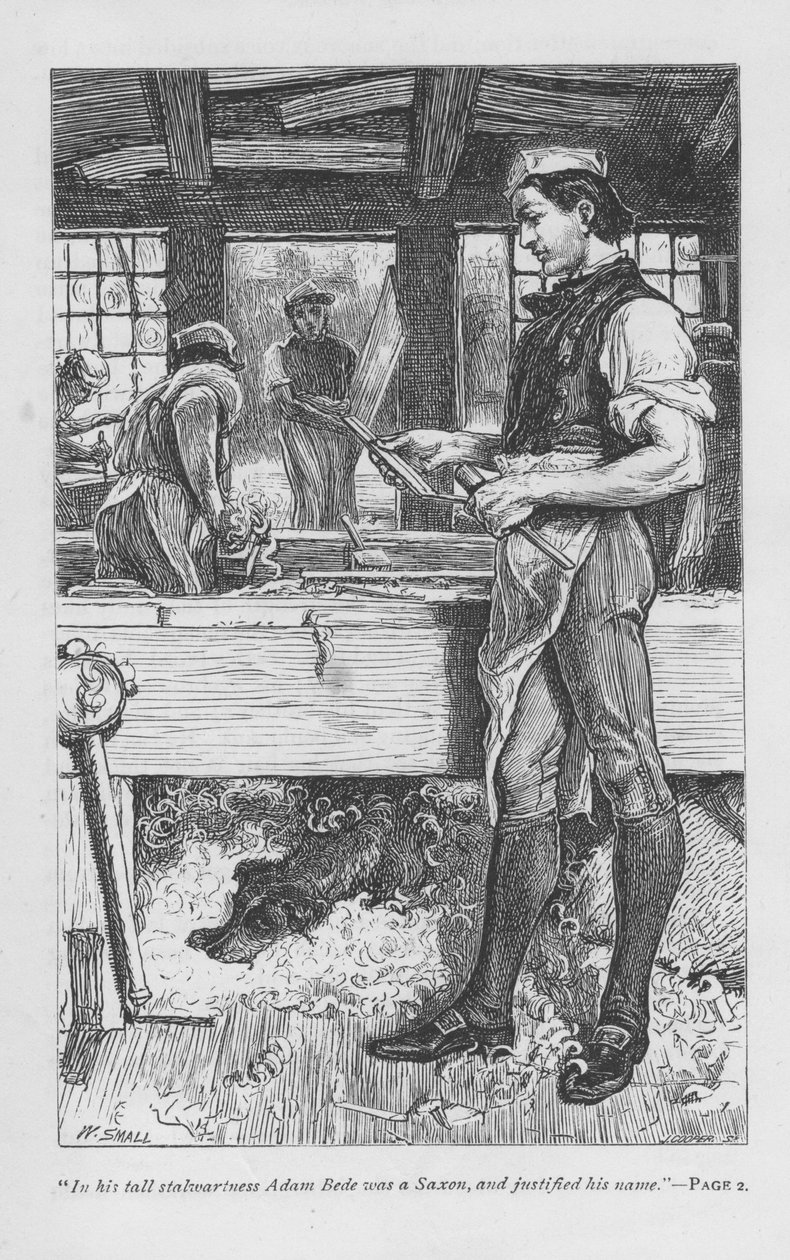 Adam Bede, de dorps timmerman, in de werkplaats, zijn hond Gyp op een stapel krullen onder de bank. Adam Bede door George Eliot, voor het eerst gepubliceerd in 1859. Illustratie door William Small (1843-1929) uit een editie gepubliceerd rond 1885. door William Small