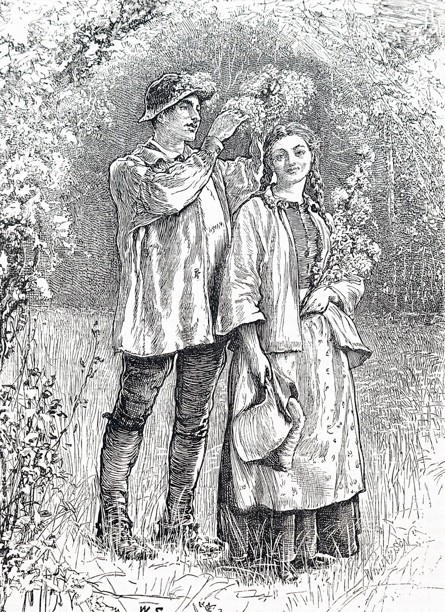 De kroning van de Meikoningin met een krans van meidoorn door haar geliefde. Door William Small, een Engelse illustrator door William Small