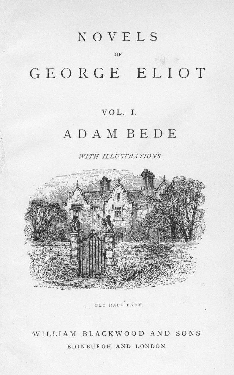 Titelpagina van Adam Bede door George Eliot, uit een editie van haar verzamelde romans gepubliceerd ca. 1885 door William Small