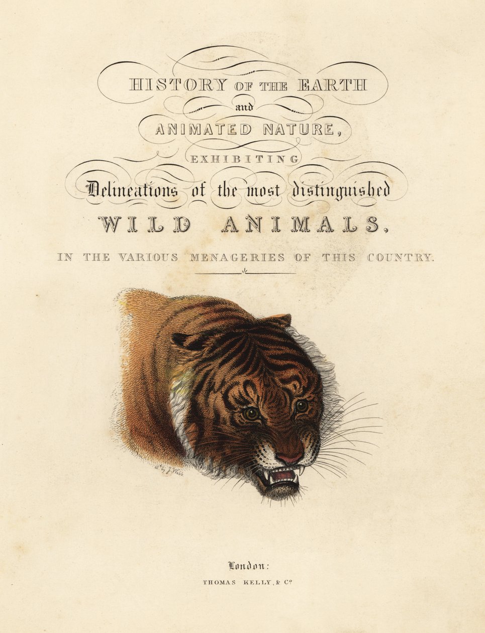 Calligrafische titelpagina met vignette van tijger door William Smellie
