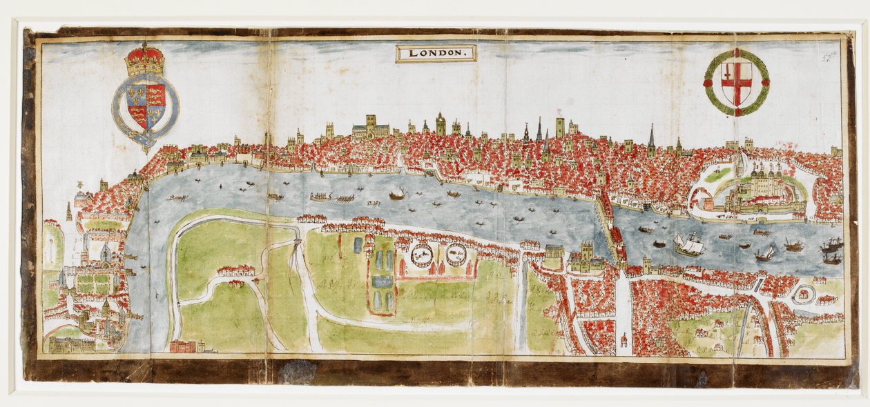 Sloane 2596, f.52 Uitzicht op Londen vanuit het zuiden, met de rivier de Theems, de London Bridge en de Tower door William Smith