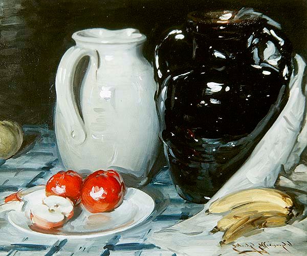 Stilleven met appels en bananen, en een grote kruik en vaas door William Somerville Shanks