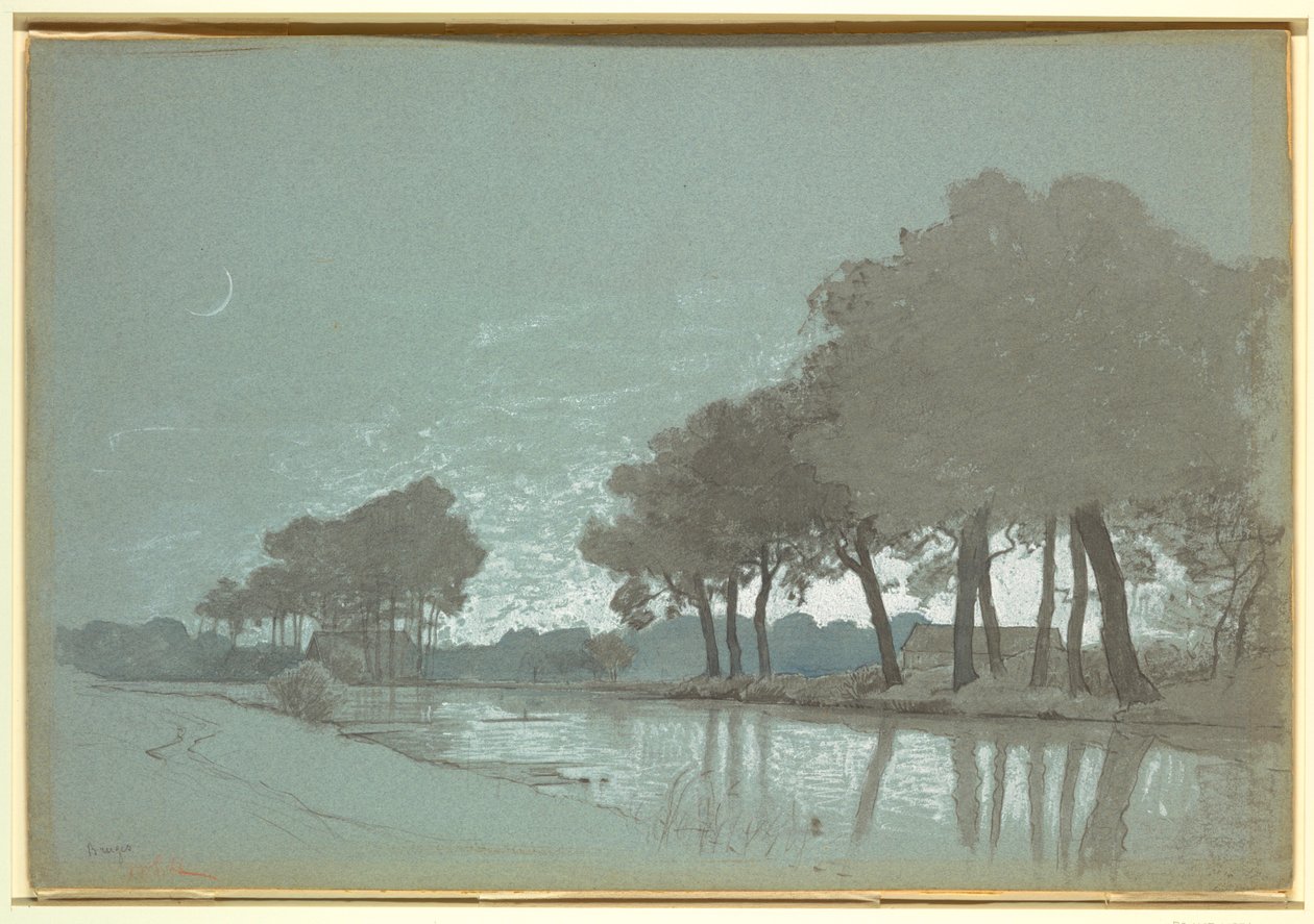 Tekening, Kanaallandschap bij Brugge, België, 1875-80 door William Stanley Haseltine