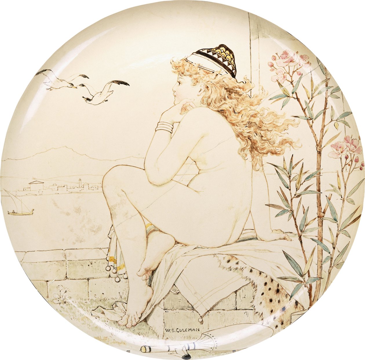 Een Minton Art Pottery Studio schaal, beschilderd met een naakt dat naar zee staart door William Stephen Coleman