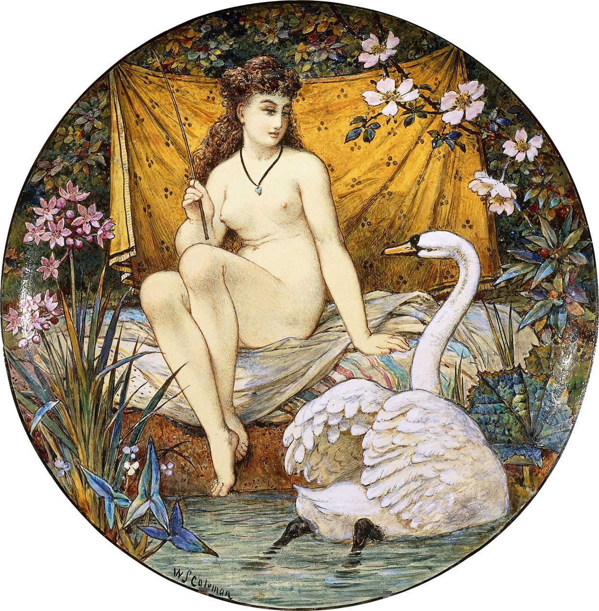 Een grote Minton aardewerken tazza, met afbeelding van Leda en de zwaan door William Stephen Coleman