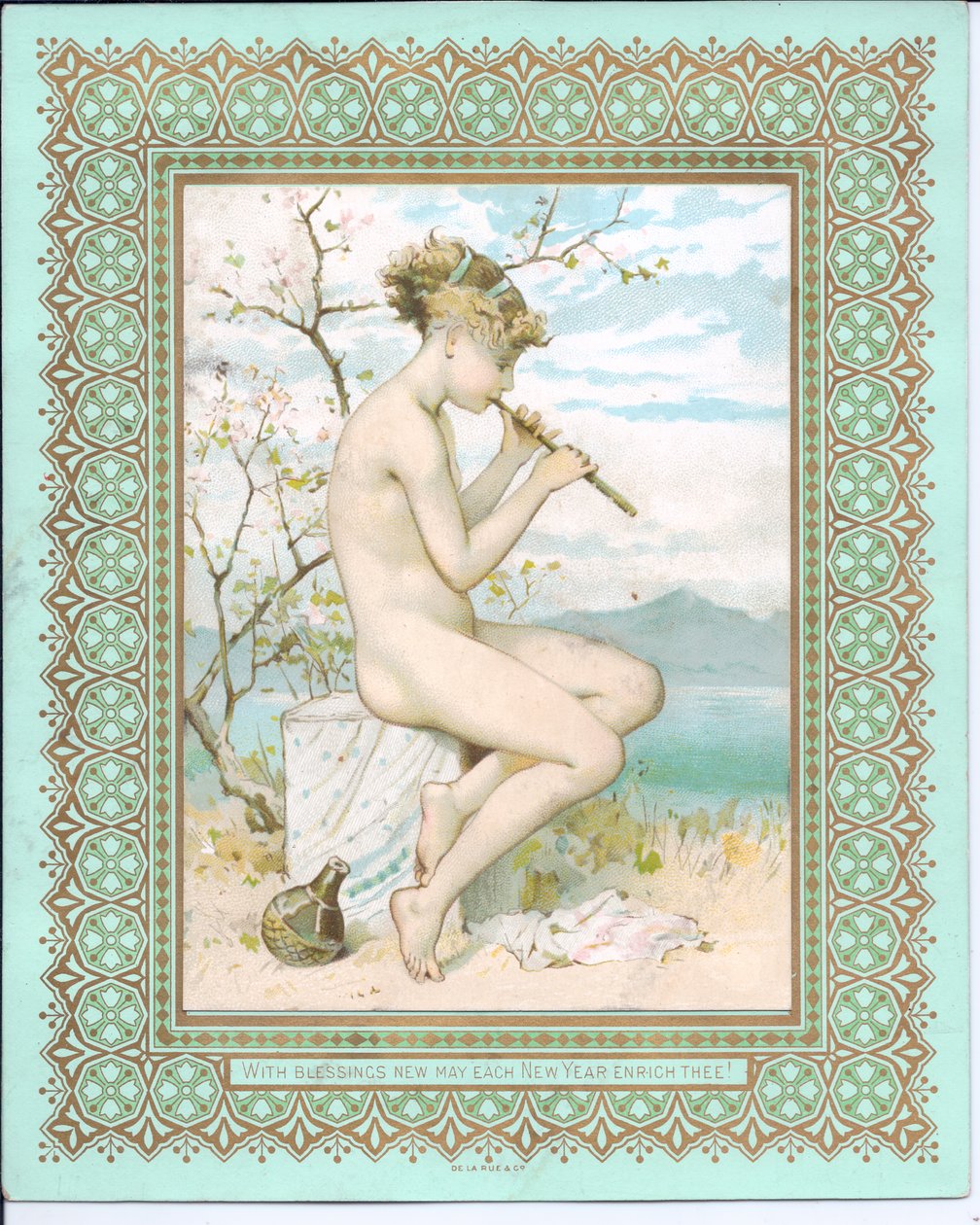 Victoriaanse nieuwjaarskaart van een badende schoonheid op een strand die een fluit speelt, ca. 1881 door William Stephen Coleman