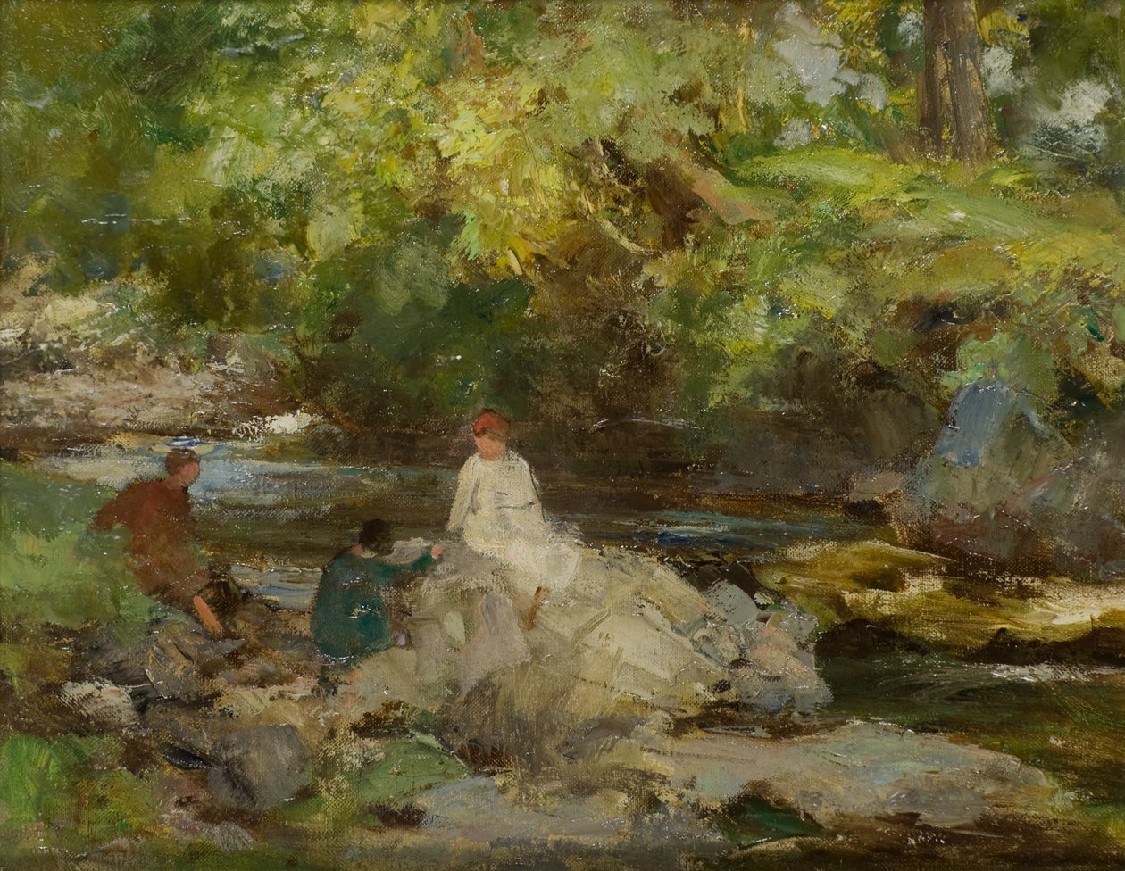 Drie Figuren bij een Rivier door William Stewart MacGeorge