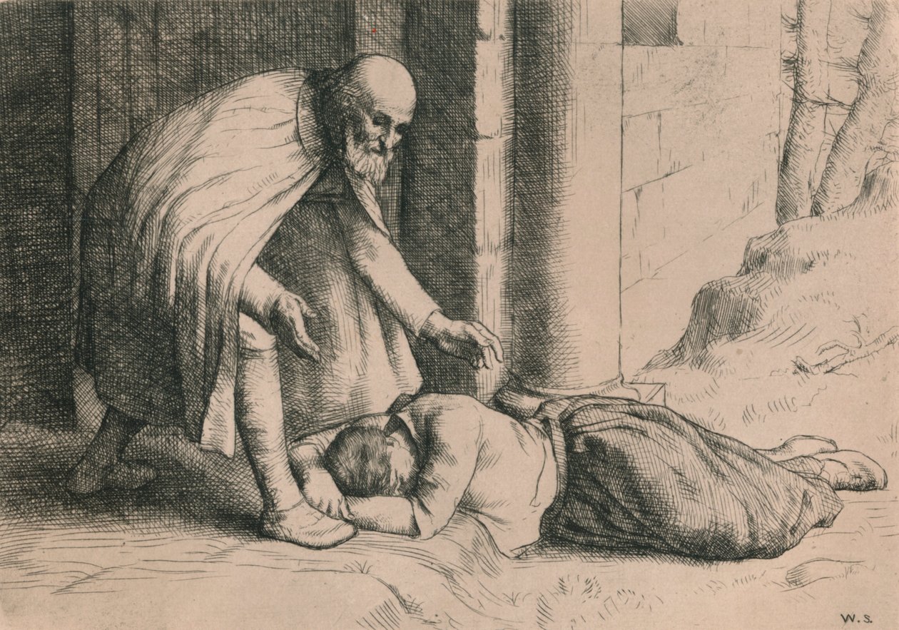 Barmhartigheid valt flauw voor de poort, ca. 1916 door William Strang