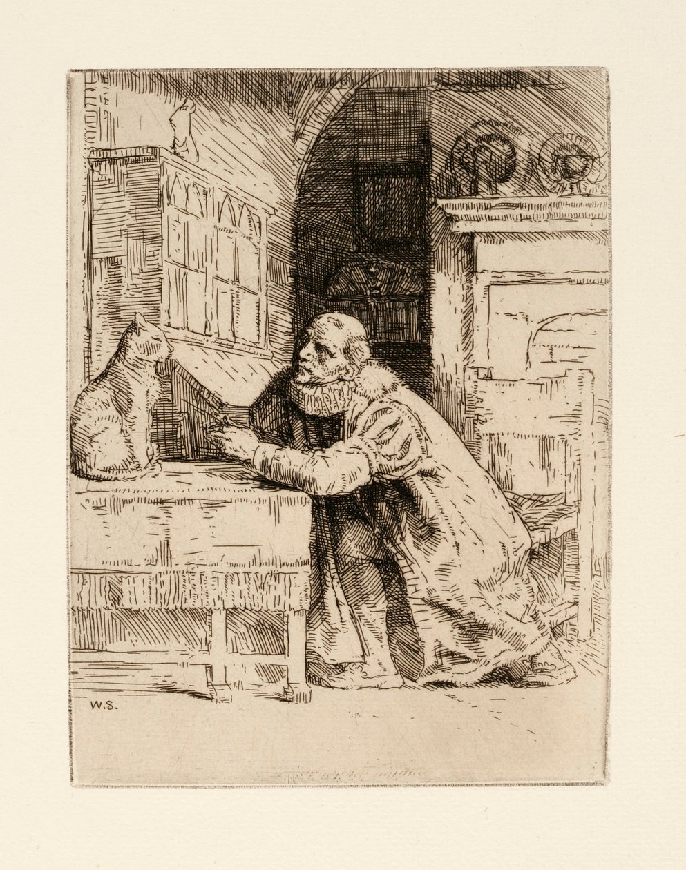 Montaigne en de kat. Illustratie door Izaak Walton en Charles Cotton uit The Compleat Agler door William Strang
