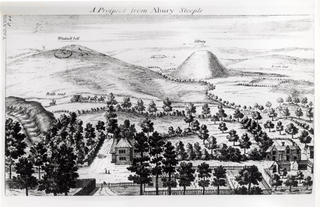 Uitzicht vanaf de toren van Avebury op Silbury Hill, illustratie uit 