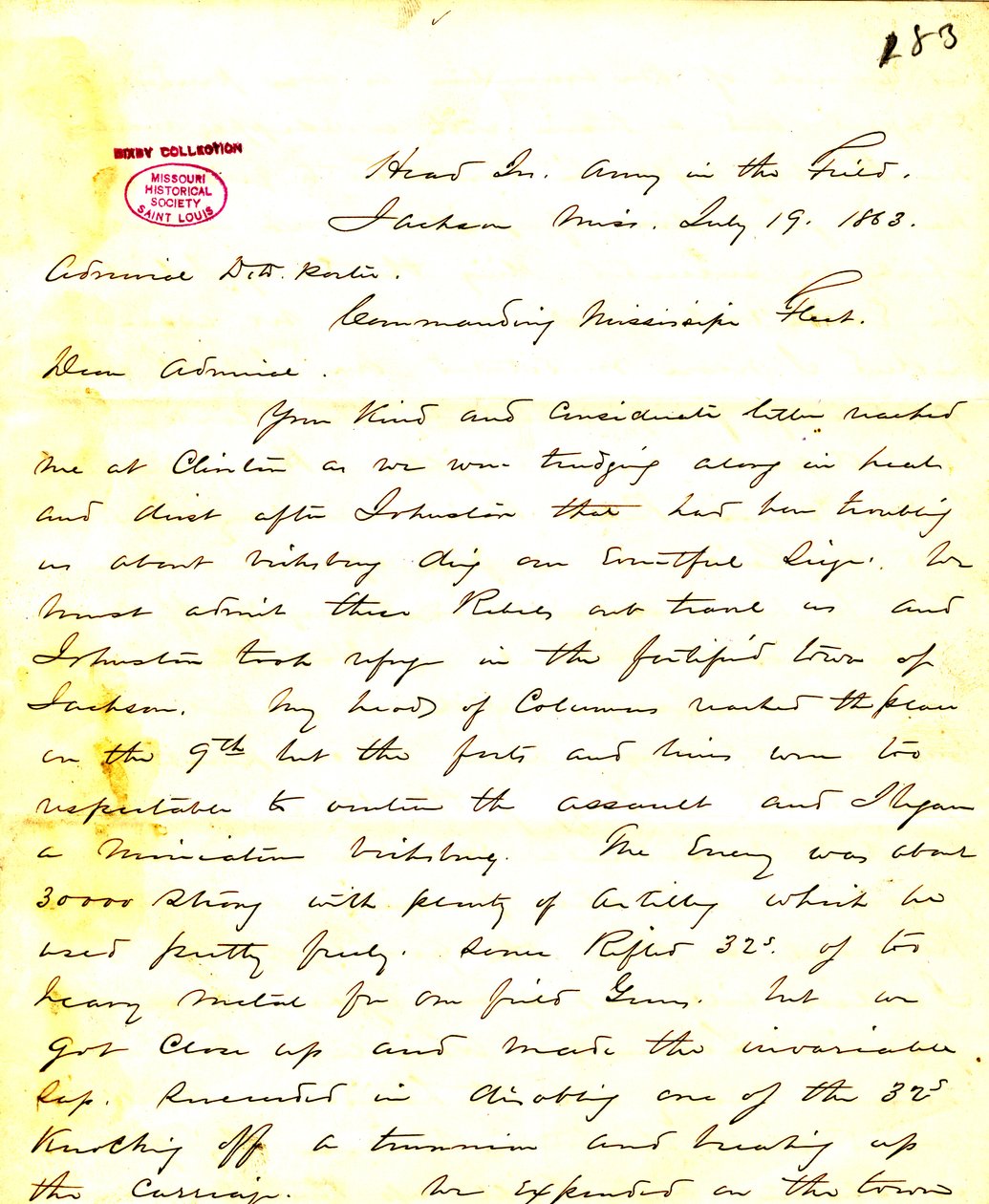 Brief van W. T. Sherman, hoofdkwartier, Leger in het Veld, Jackson, Mississippi, aan [David D.] Porter, 19 juli 1863 door William T. Sherman