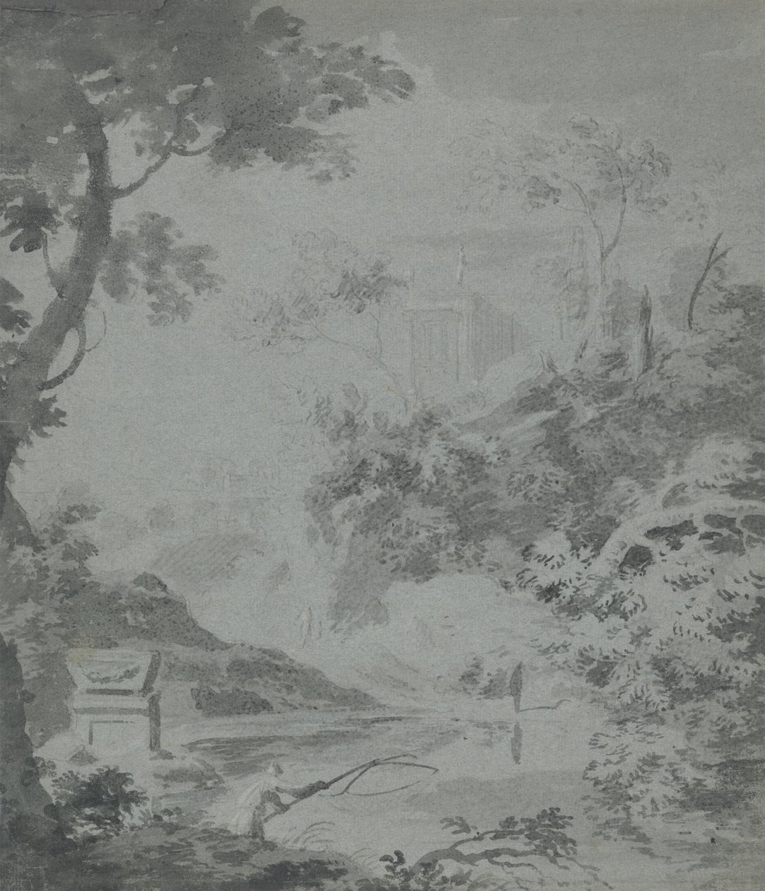 Landschap met een klassiek gebouw in de verte en een man die vist door William Taverner