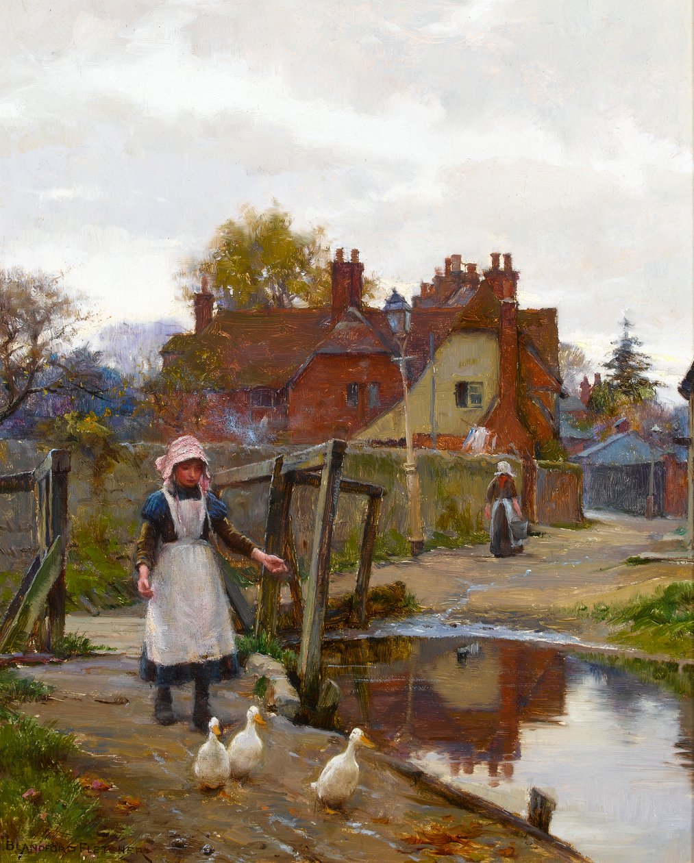 De eenden naar huis drijven bij de oude brug, Abingdon door William Teulon Blandford Fletcher
