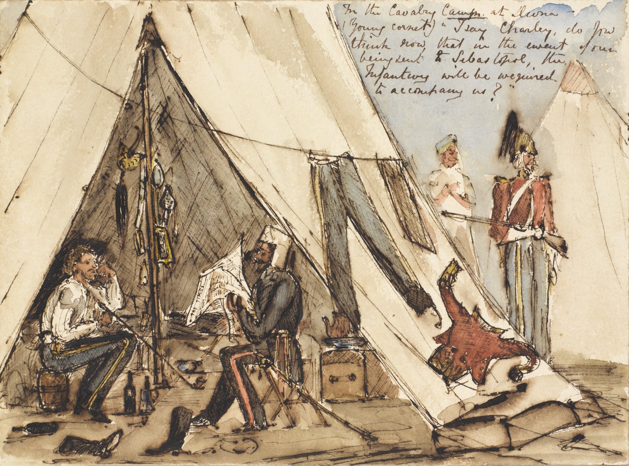 In het cavaleriekamp bij Devna (Jonge Kornet) ?Ik zeg Charley, denk je nu dat in het geval dat we naar Sebastopol worden gestuurd, de infanterie ons zal moeten vergezellen?, c.1854 door William Thomas Markham
