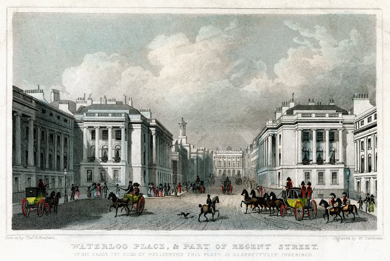 Waterloo Place en een deel van Regent Street, Westminster, Londen, 1828 door William Tombleson