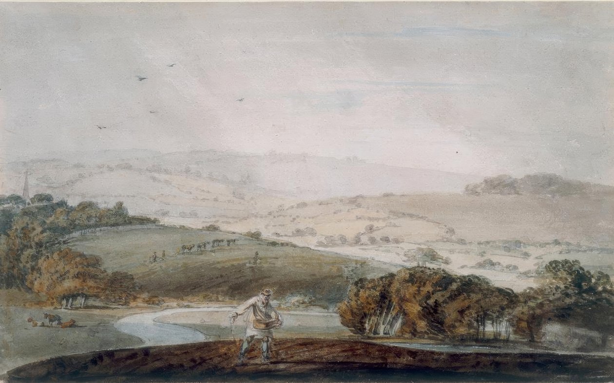 Een boer die zaait, een rivierdal en glooiende heuvels daarachter door Joseph Mallord William Turner