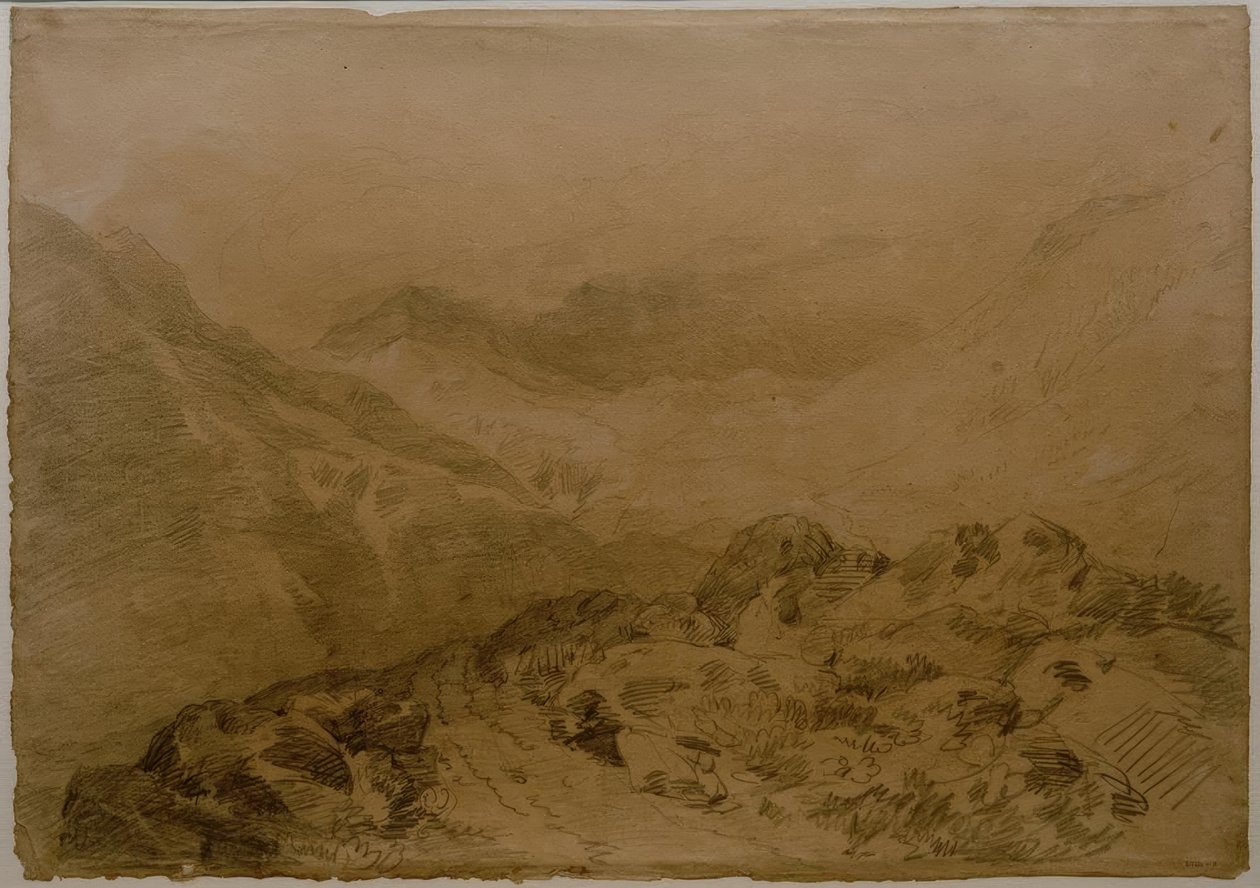 Een rotsachtige pas tussen bergen (Glen Croe, met hellingen van Ben Arthur: Ben an Lochain) door Joseph Mallord William Turner