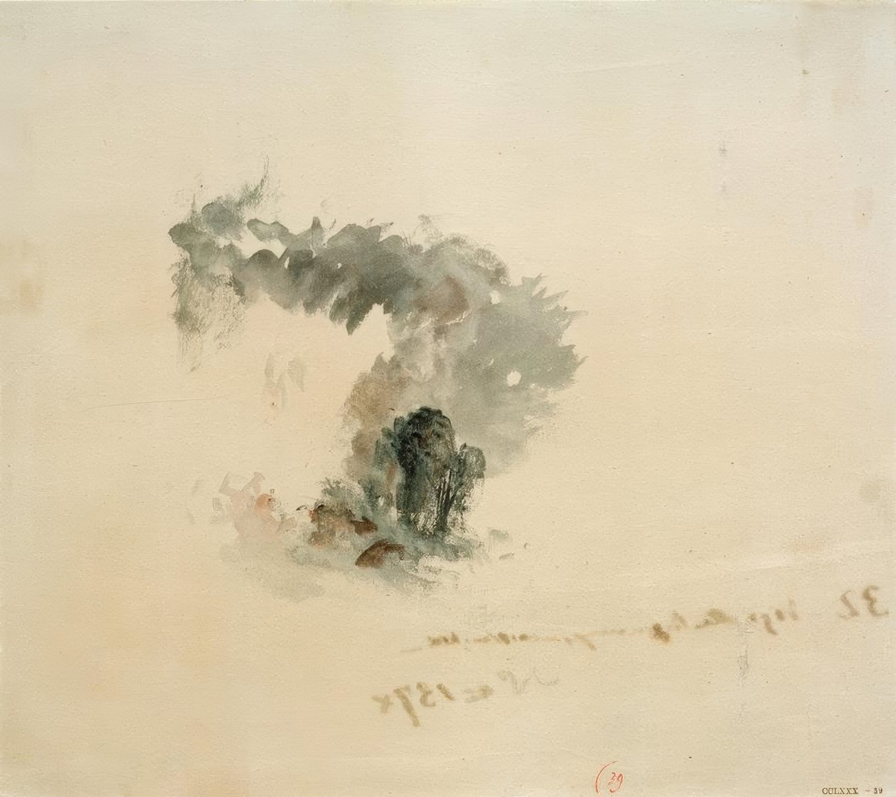 Zee, bomen, figuren (?, voor Campbell