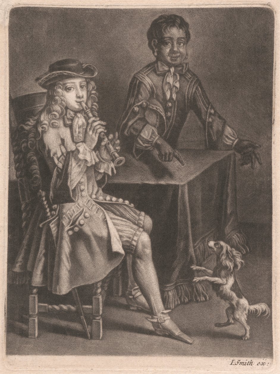 Twee jonge mannen, een speelt een blokfluit, de ander wijst naar een dansende hond door William Vincent