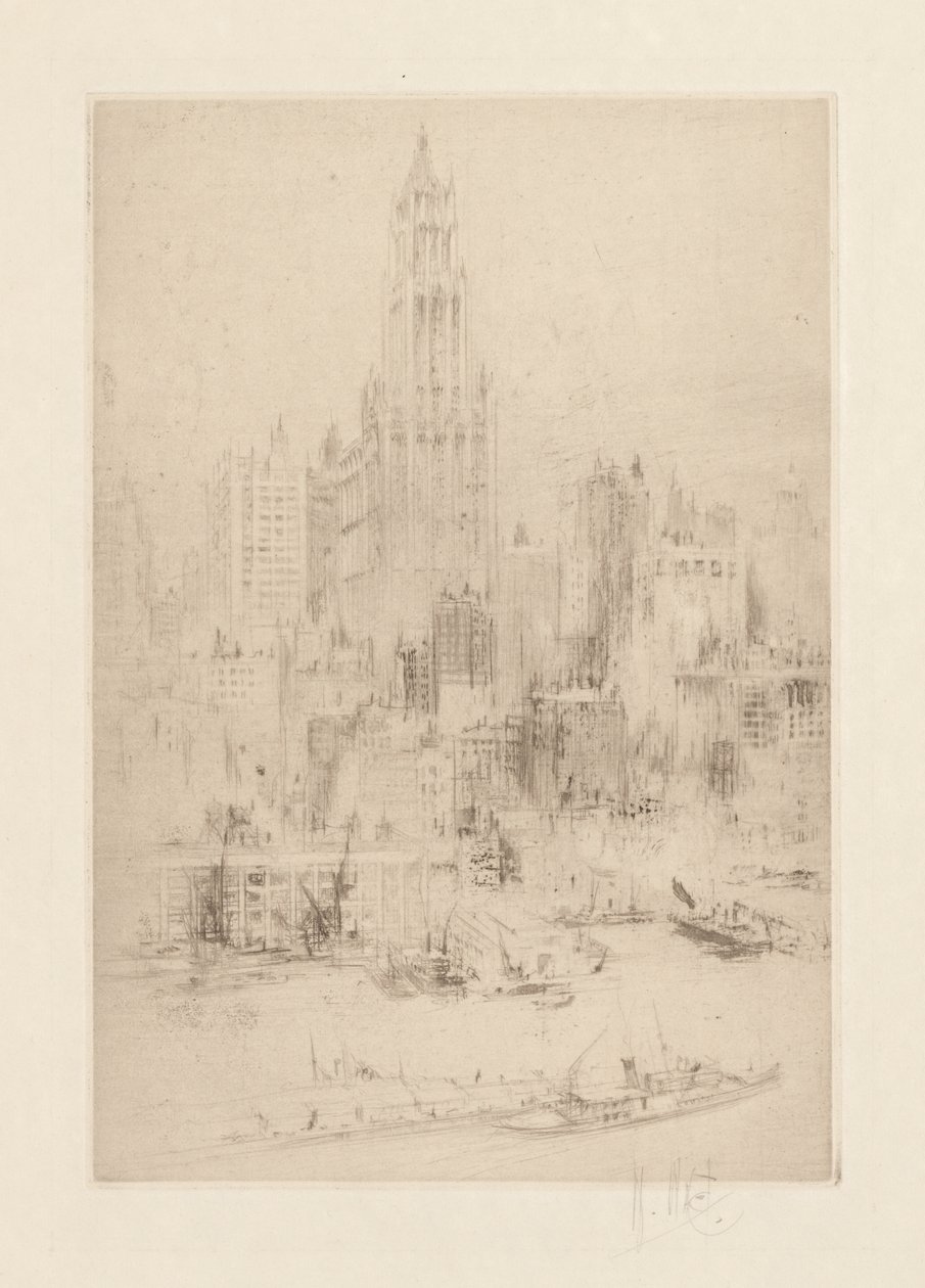 Downtown Manhattan vanaf de East River, met het Woolworth Building door William Walcot