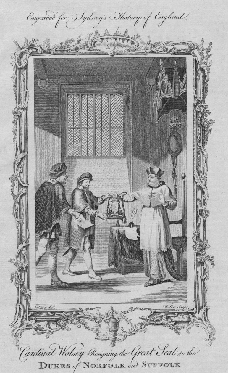 Kardinaal Wolsey die het Grote Zegel overhandigt aan de Hertogen van Norfolk en Suffolk door William Walker