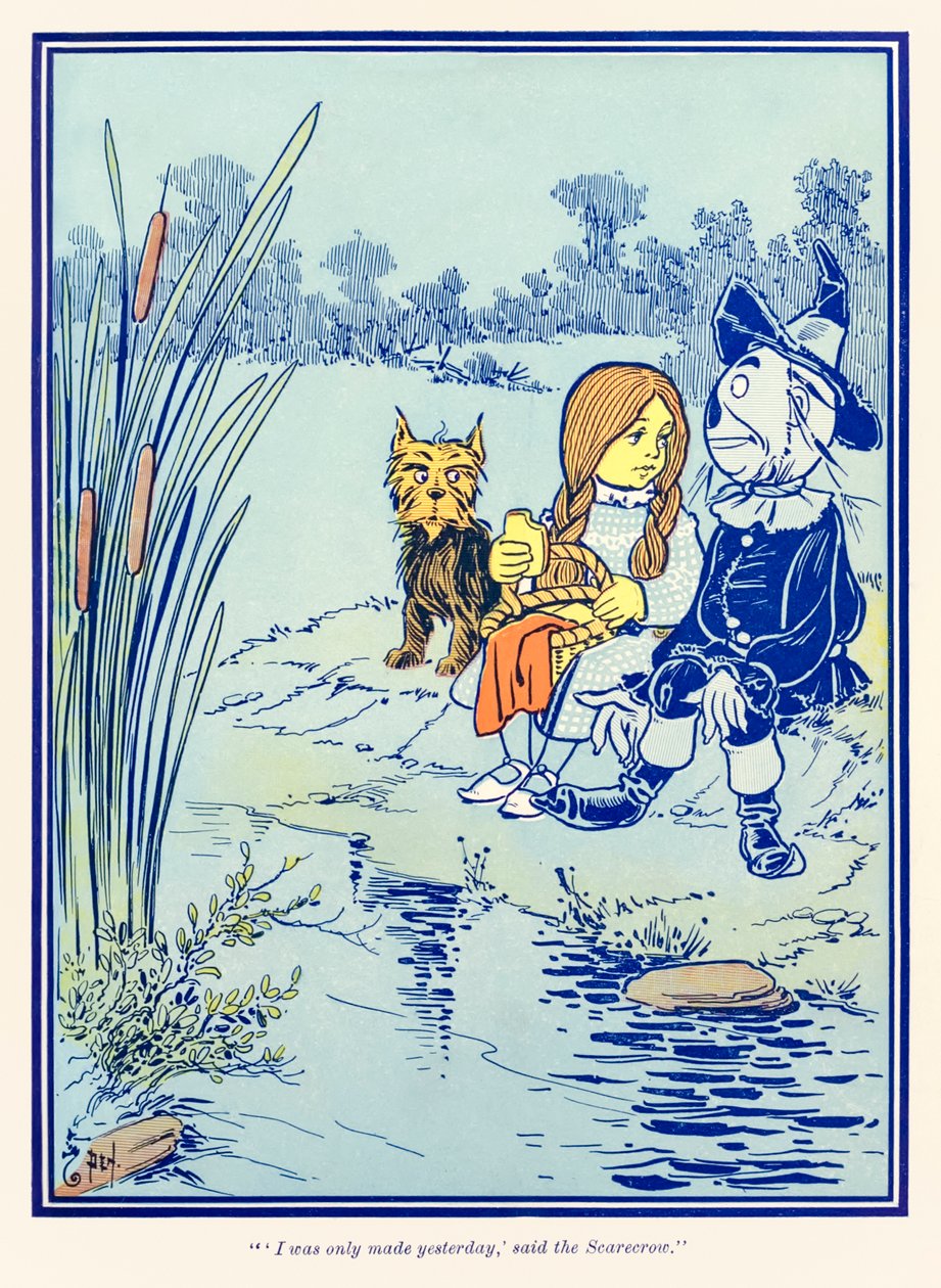 "Ik ben pas gisteren gemaakt," zei de Vogelverschrikker." uit "De Wonderbaarlijke Tovenaar van Oz" door L. Frank Baum door William Wallace Denslow