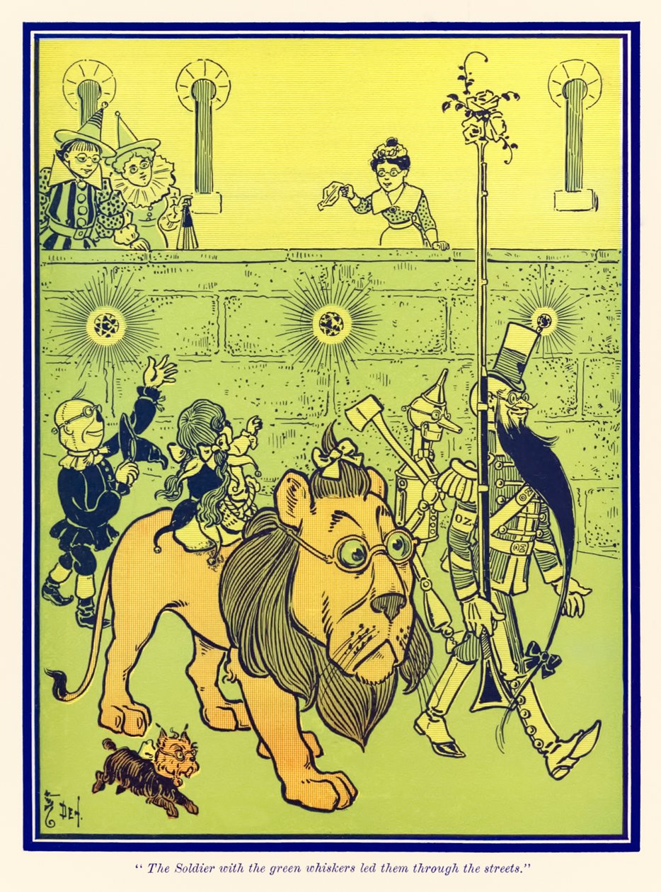 De soldaat met de groene snorharen leidde hen door de straten. uit De wonderbaarlijke tovenaar van Oz van L. Frank Baum door William Wallace Denslow