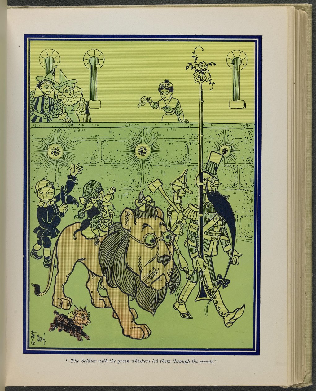 "De soldaat met de groene snorharen leidde hen door de straten", illustratie uit "De wonderbaarlijke tovenaar van Oz" door Lyman Frank Baum door William Wallace Denslow