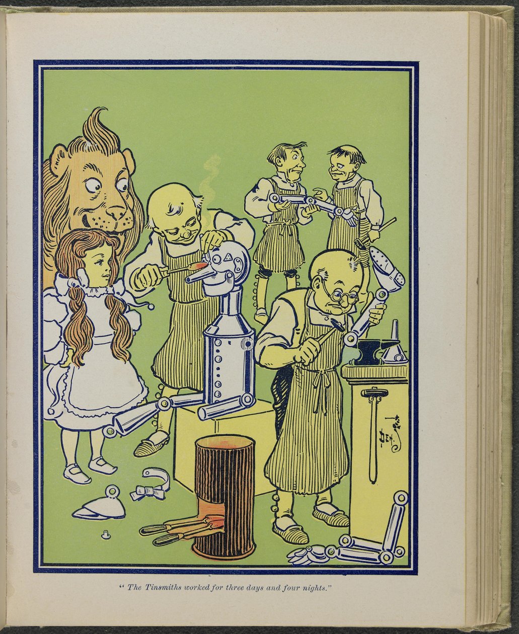"De Tinnegieter werkte drie dagen en vier nachten", illustratie uit "De wonderbaarlijke tovenaar van Oz" door Lyman Frank Baum door William Wallace Denslow