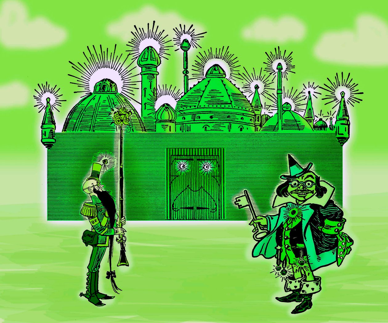 De Wonderbaarlijke Tovenaar van Oz - De Tovenaar van Oz: Bewerking van drie afbeeldingen door Denslow, William Wallace (1856-1915) voor de eerste editie 1900 van Frank Baum