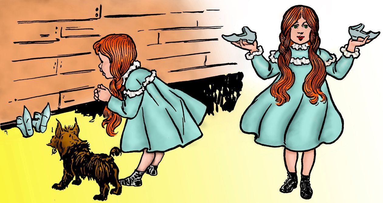 De Wonderbaarlijke Tovenaar van Oz - De Tovenaar van Oz: Bewerking van twee afbeeldingen door William Wallace Denslow gemaakt voor de eerste editie 1900 van Frank Baum