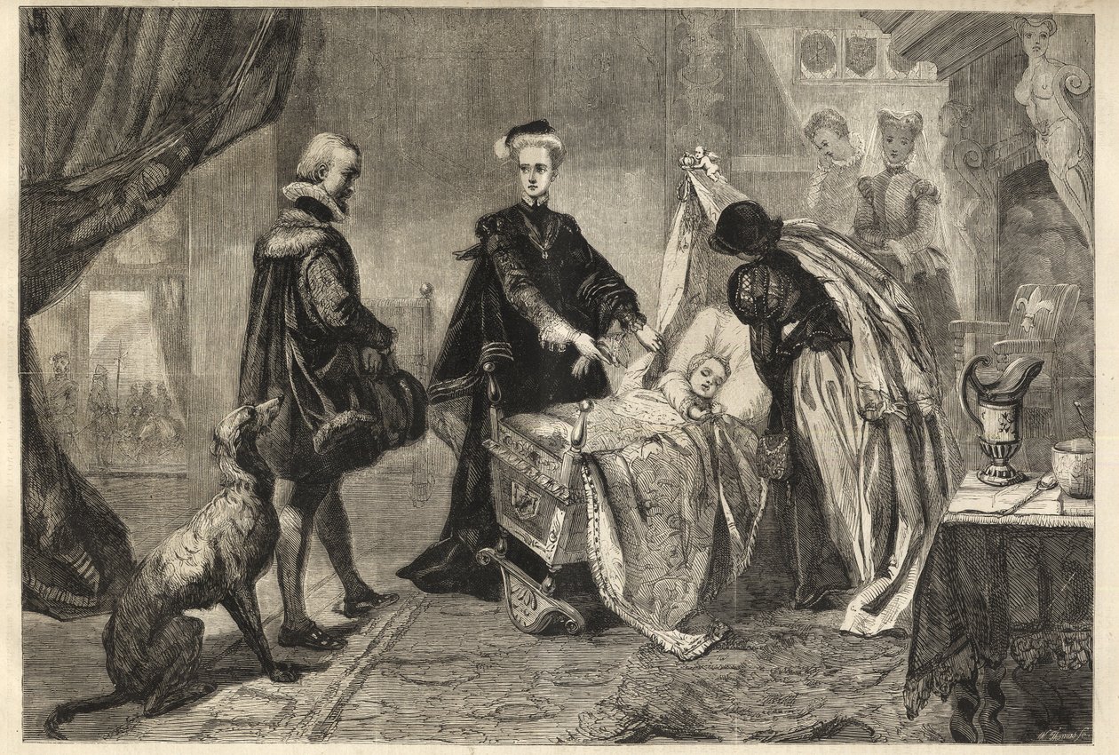 Koningin Mary verlaat Stirling Castle - Marie Stuart (Marie I van Schotland) voor de wieg van haar zoon (Jacques Stuart, Jacques VI en I) door William Ward