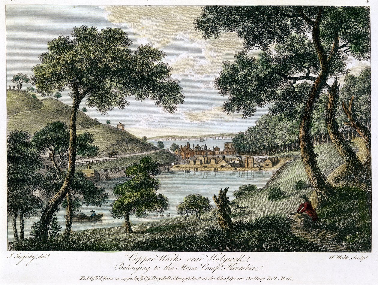 Koperfabrieken bij Holywell, Flintshire, Wales eigendom van de Mona Company, 1792 door William Watts
