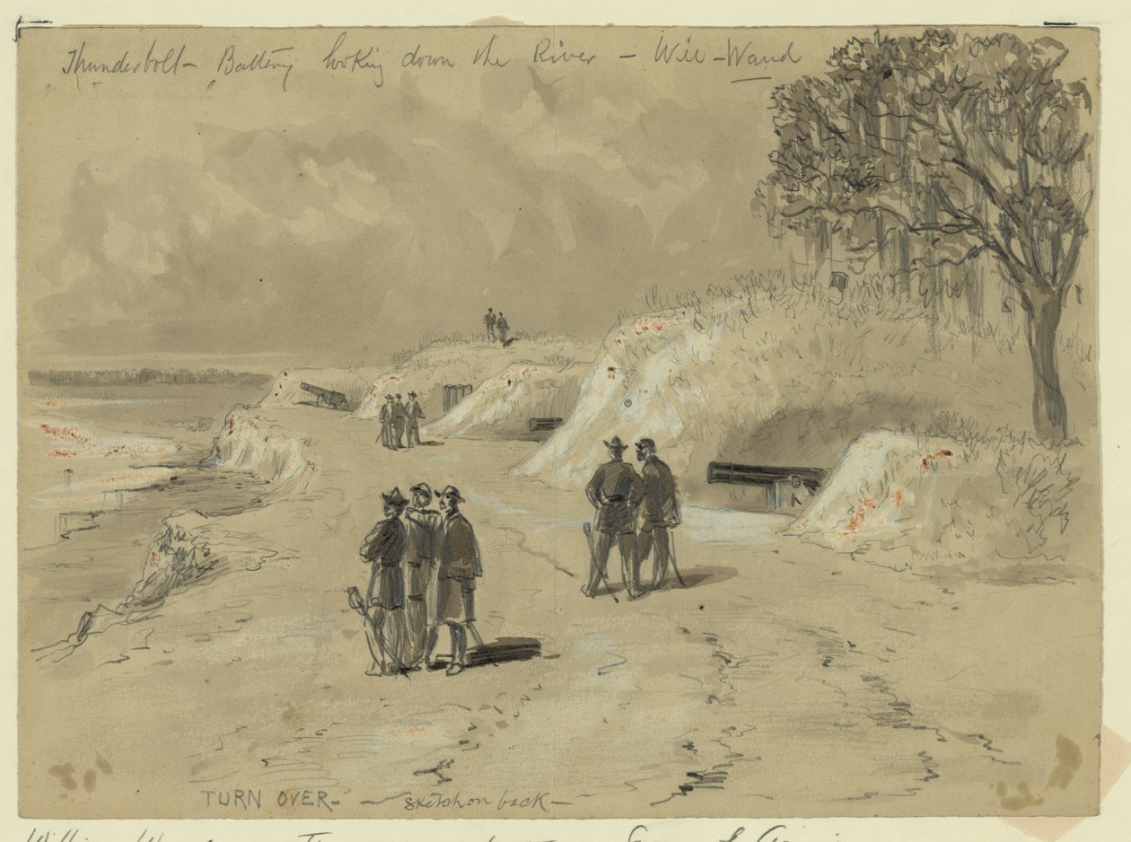 Thunderbolt batterij kijkend naar beneden de rivier door William Waud