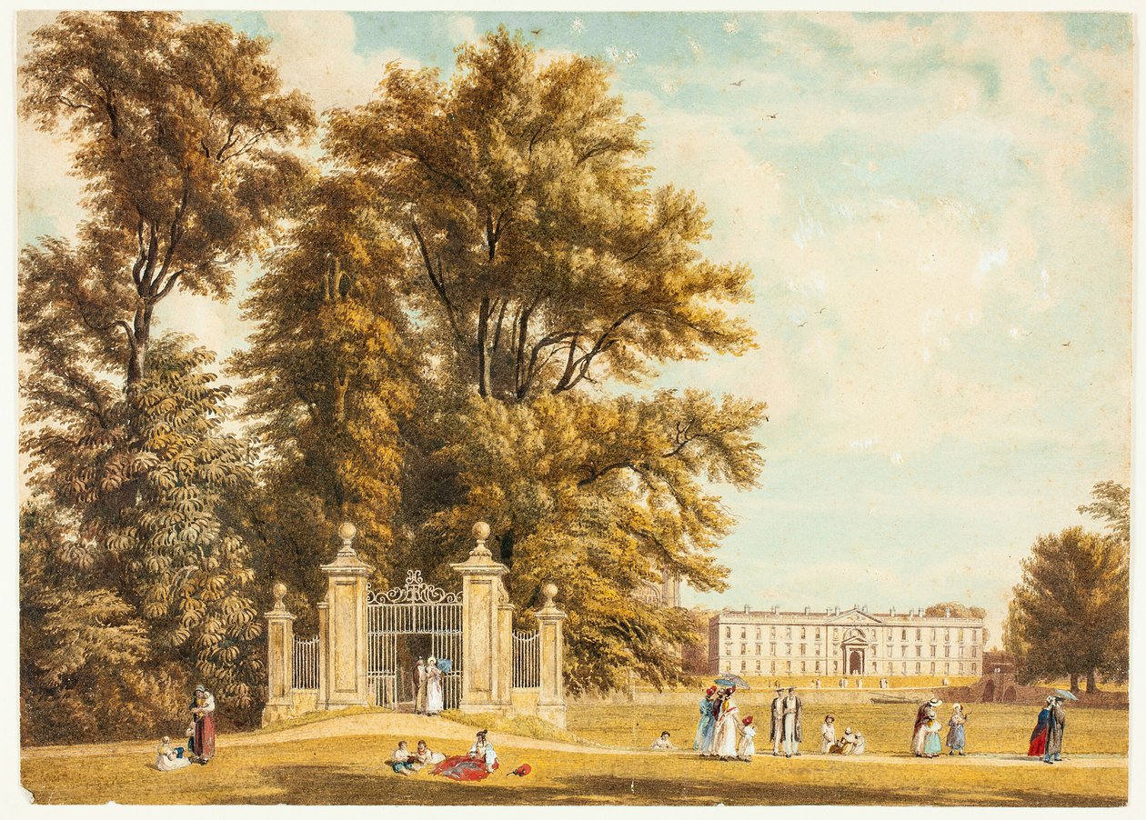 Ingang naar de Laan vanaf Clare Hall Piece, Cambridge door William Westall