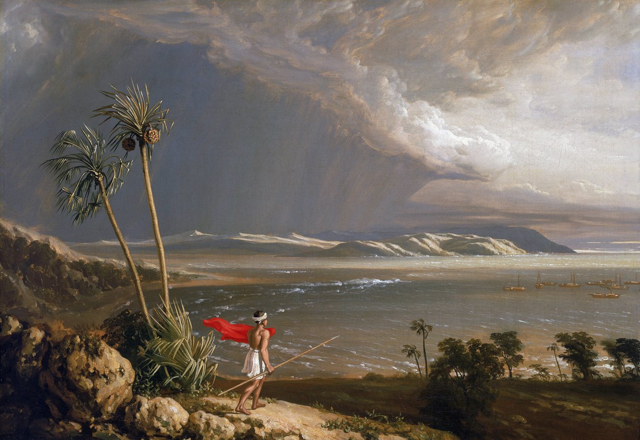 Uitzicht op Malay Bay, op het eiland Pobassoo (Australië), in februari 1803 door William Westall