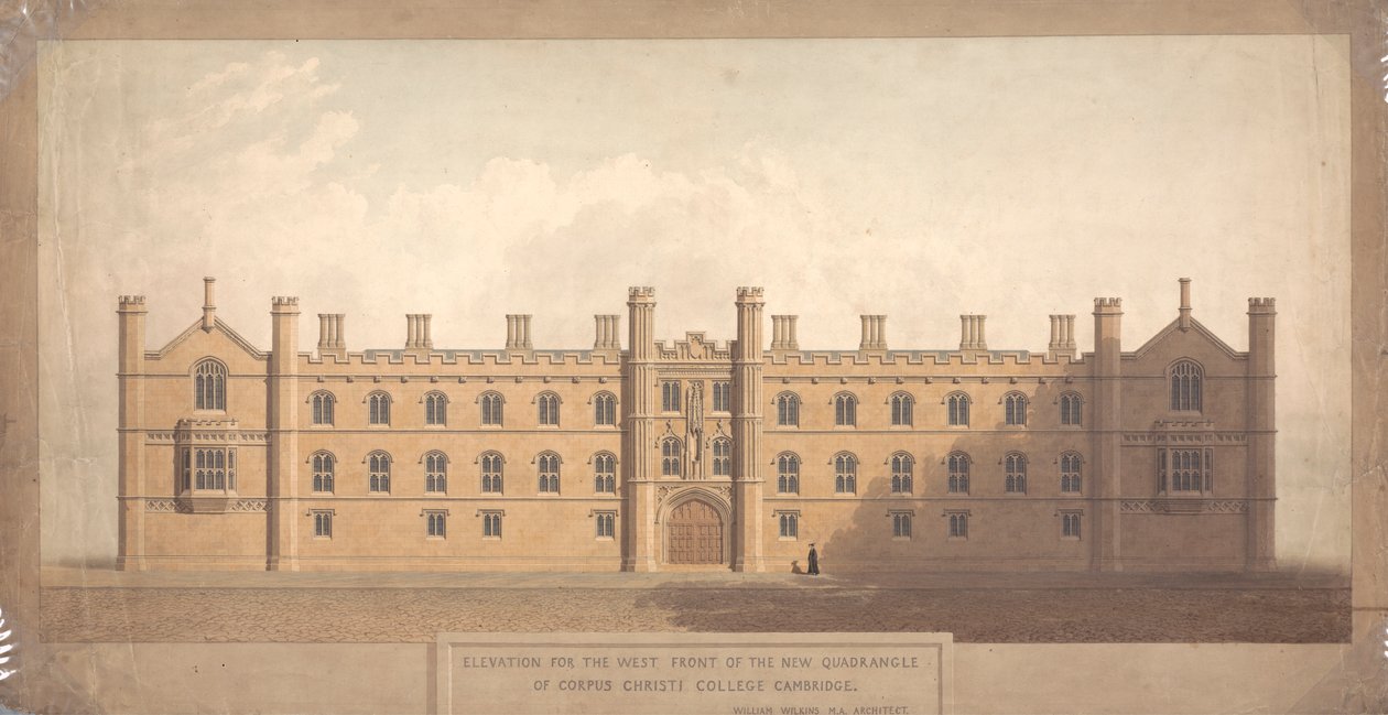 Elevatie voor de westelijke gevel van de nieuwe binnenplaats van Corpus Christi College, Cambridge door William Wilkins