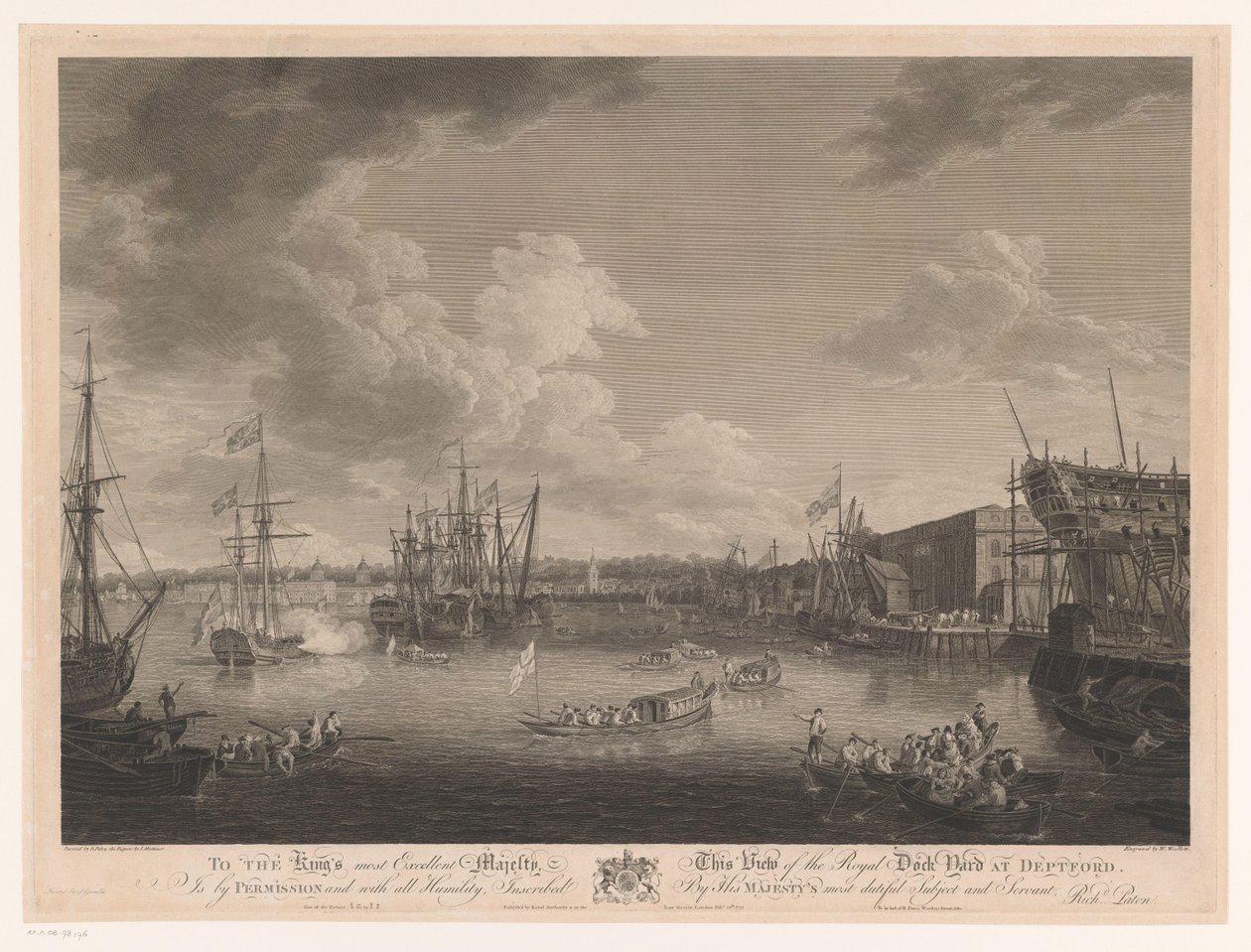 Gezicht op de scheepswerf van Deptford door William Woollett