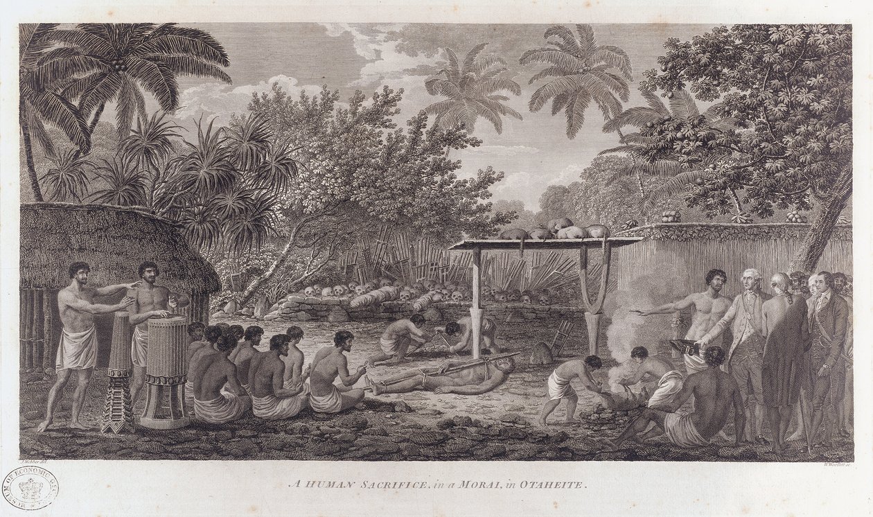 Menselijke offerande op Tahiti in de Zuidelijke Stille Oceaan, c1773 door William Woollett