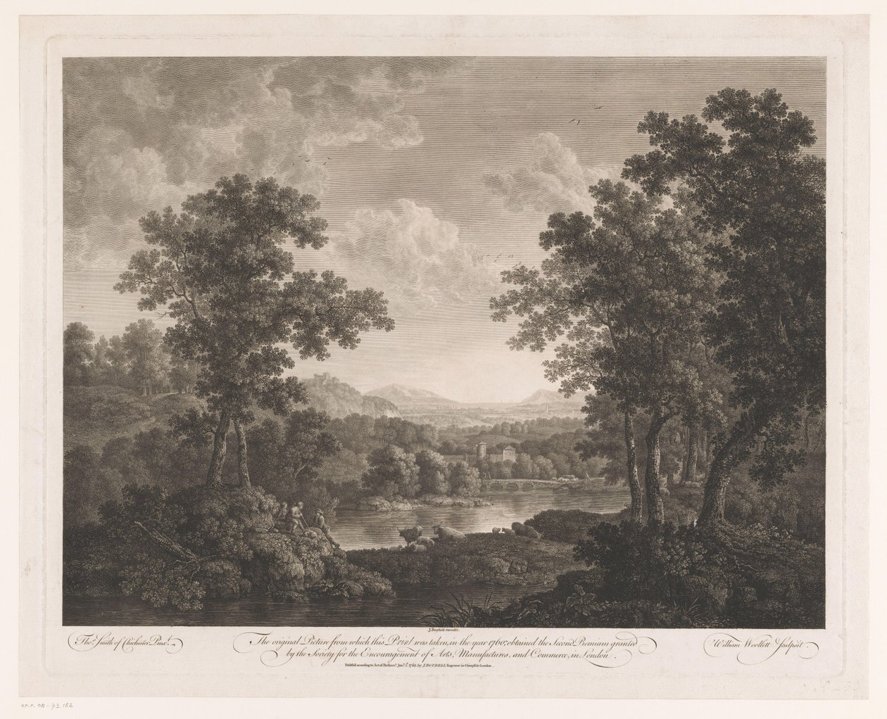 Landschap met herders en vee aan een meer door William Woollett