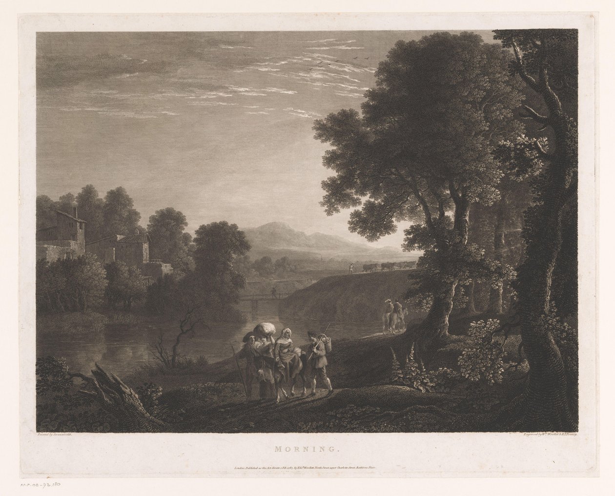 Landschap met herders en vrouw op muilezel aan de oever van een rivier door William Woollett