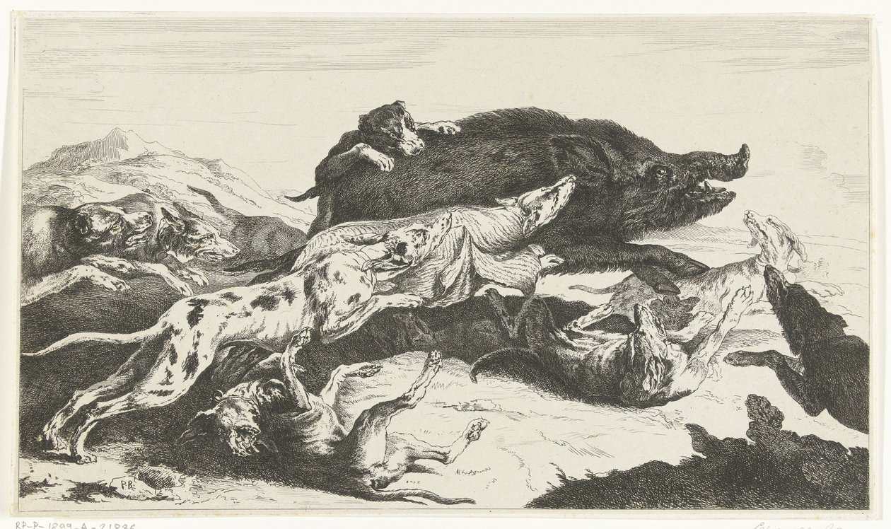 Honden jagen een zwijn door William Young Ottley