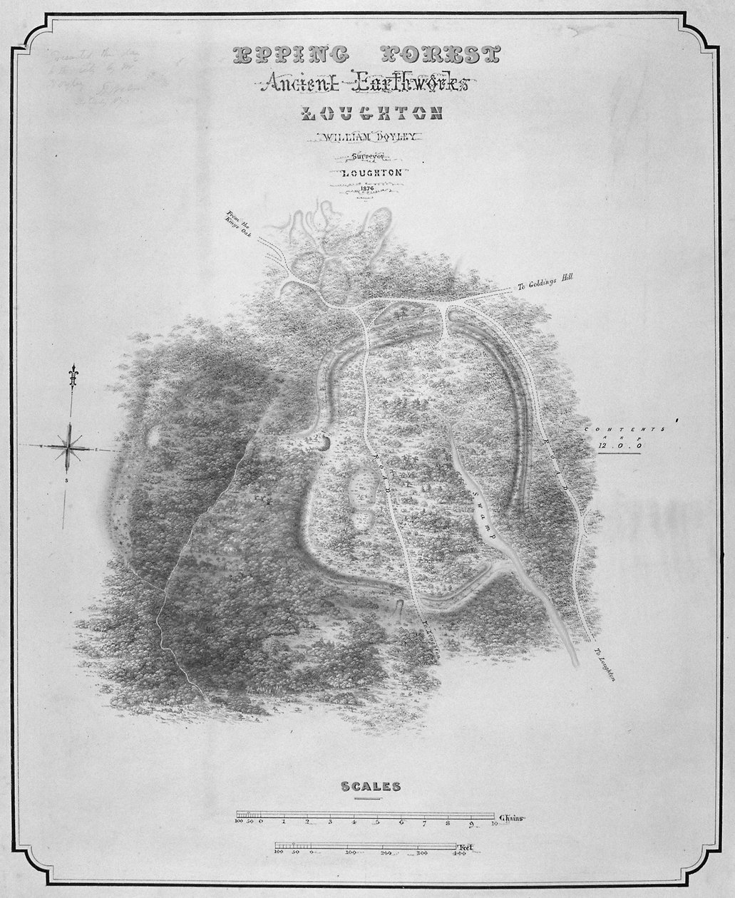 Kaart van de oude aarden wallen bij Loughton Camp gemaakt rond AD 52 in Epping Forest, Essex, 1876 door William d