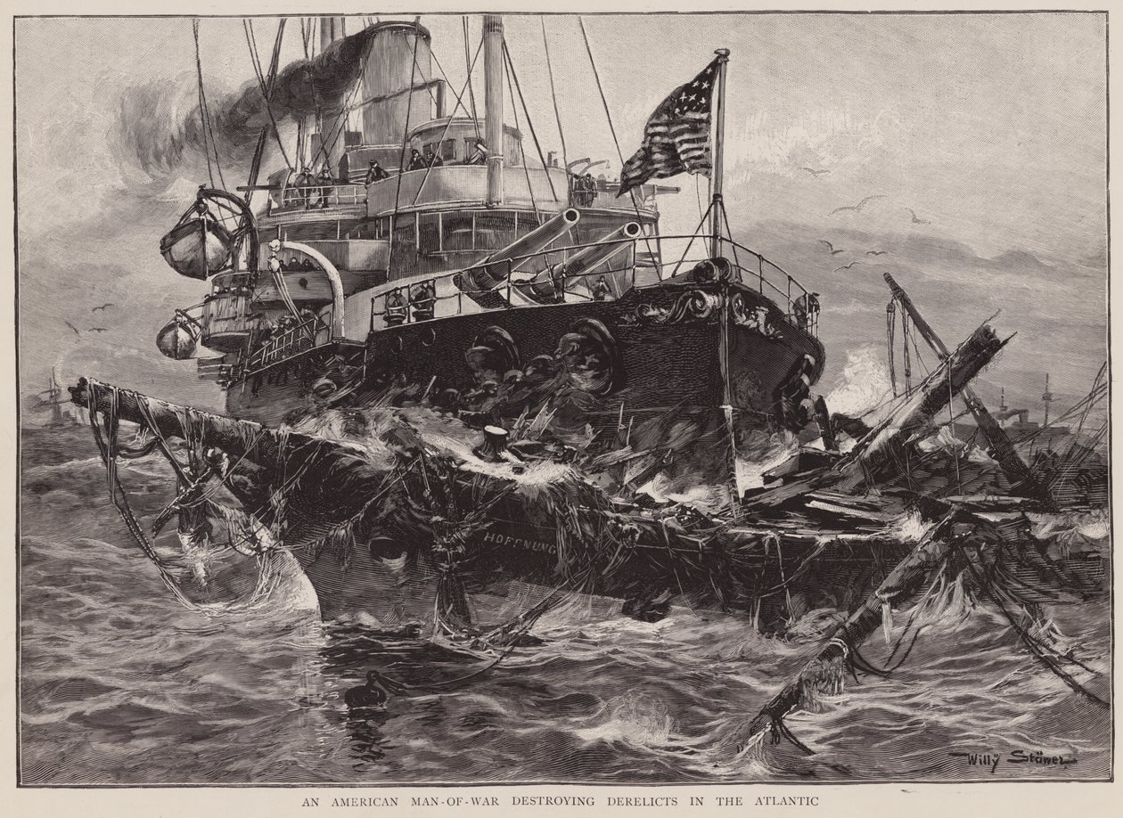 Een Amerikaans oorlogsschip vernietigt wrakken in de Atlantische Oceaan (litho) door Willy Stower